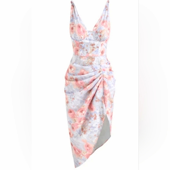 Cider Dresses & Skirts - CIDER Illusion Ruched Floral Midi Dress. Size L. NWT